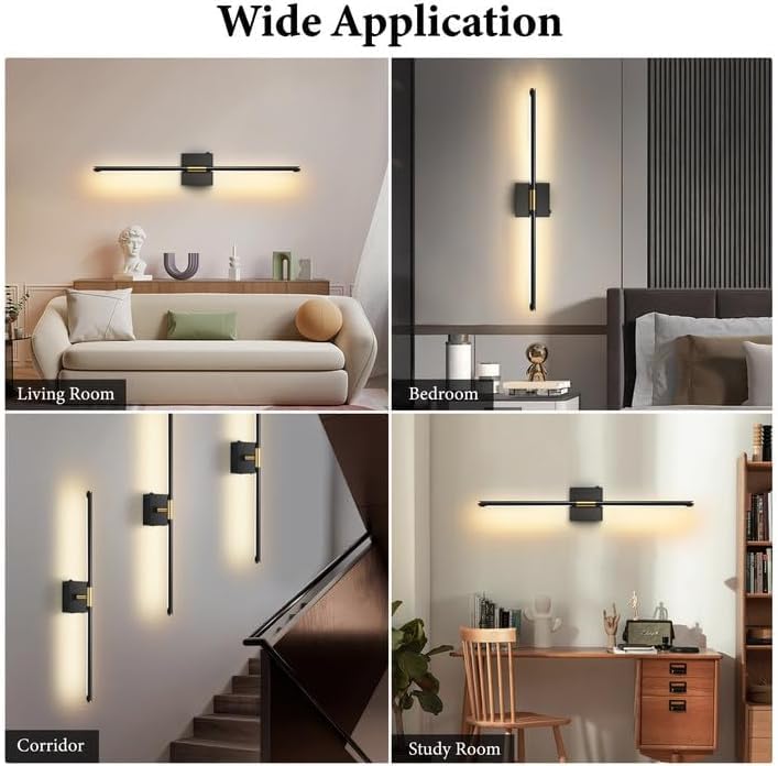 SAIMAND Wall Sconces Set of 2, Battery & USB Rechargeable LED, Dimmable with Remote, 360° Rotatable 30in Black for Living Room/Bedroom