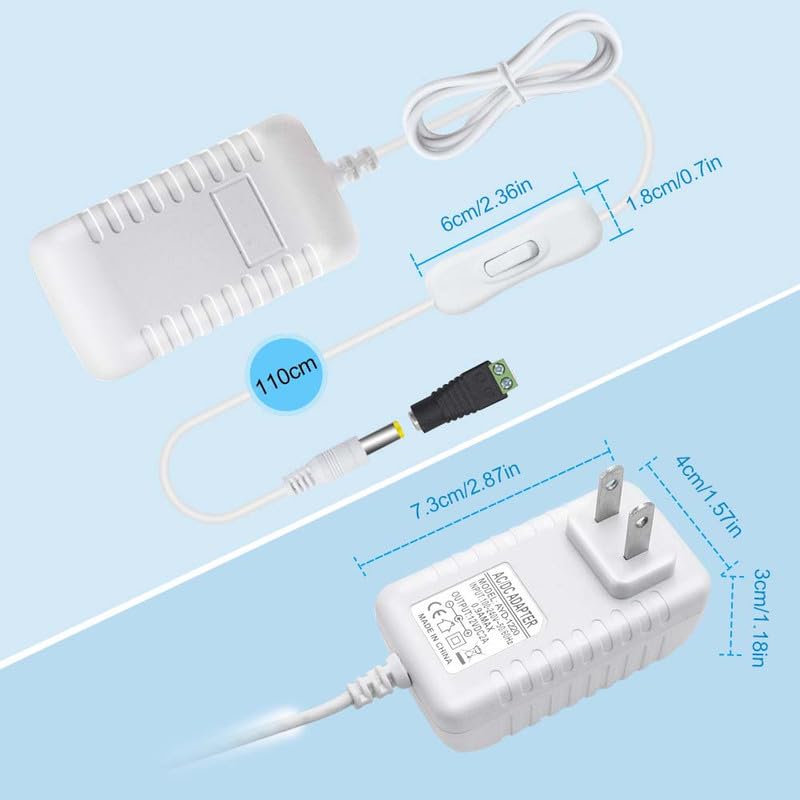 12V 2A 24W DC Power Supply with On/Off Switch, AC 110V to 12V Adapter for LED Strips, 5.5x2.1mm Female Connector, White