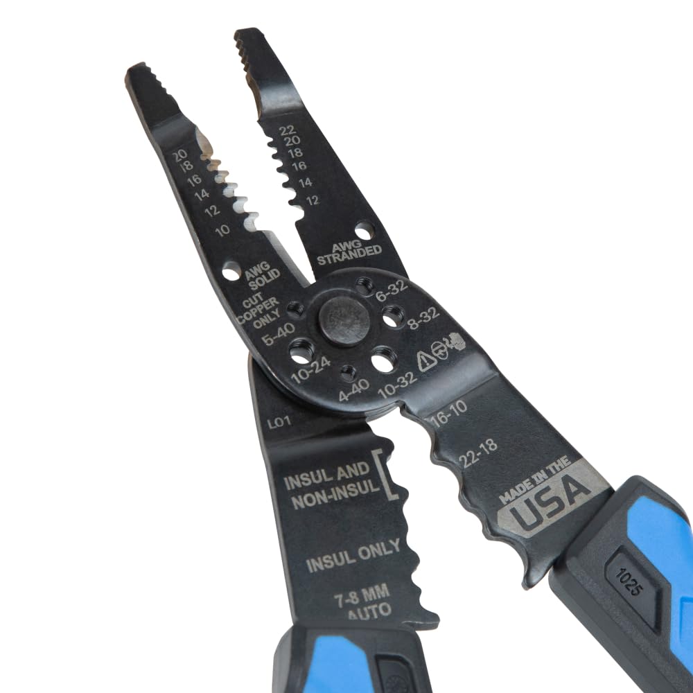 Klein Tools 1025 Long Nose Wire Stripper & Crimper, Made in USA, Multi-Purpose Electrician Tool for 10–20 AWG Solid, 12–22 AWG Stranded