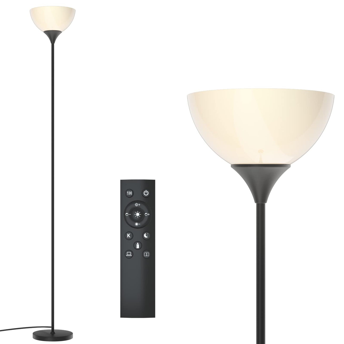 PESRAE Matte Black Floor Lamp with Remote, Stepless Dimming & Color Temperature, Torchiere Lamp for Bedroom & Living Room, Bulb Included