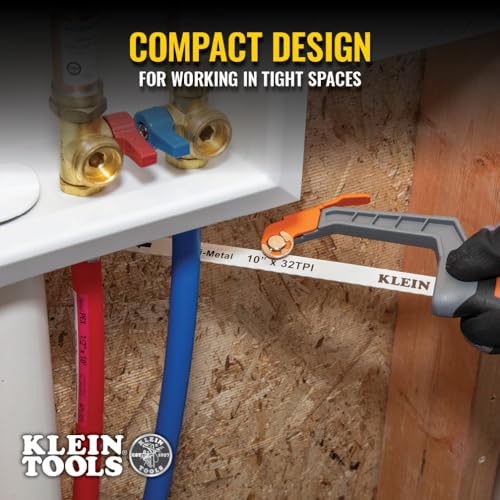 Klein Tools 31432FC Mini Finish-Cut Hacksaw, 10-Inch 32 TPI Bi-Metal Blade Hand Saw, Cuts Plastic, Wood, and Thin-Wall Metal in Tight Spaces