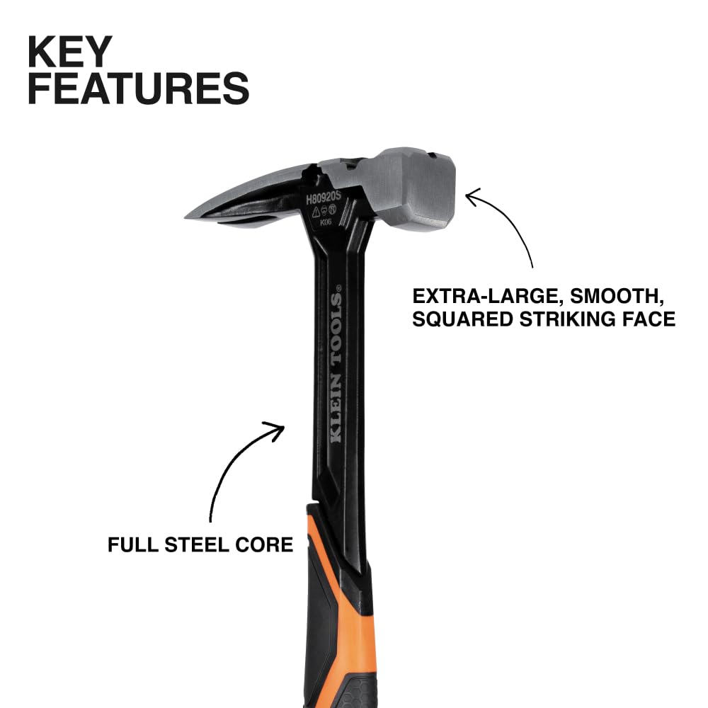 Klein Tools H80920S Smooth Face Framing Hammer with Straight Claw, 20-Ounce Forged Steel, Magnetic Nail Puller, and Extra-Large Squared Strike Face