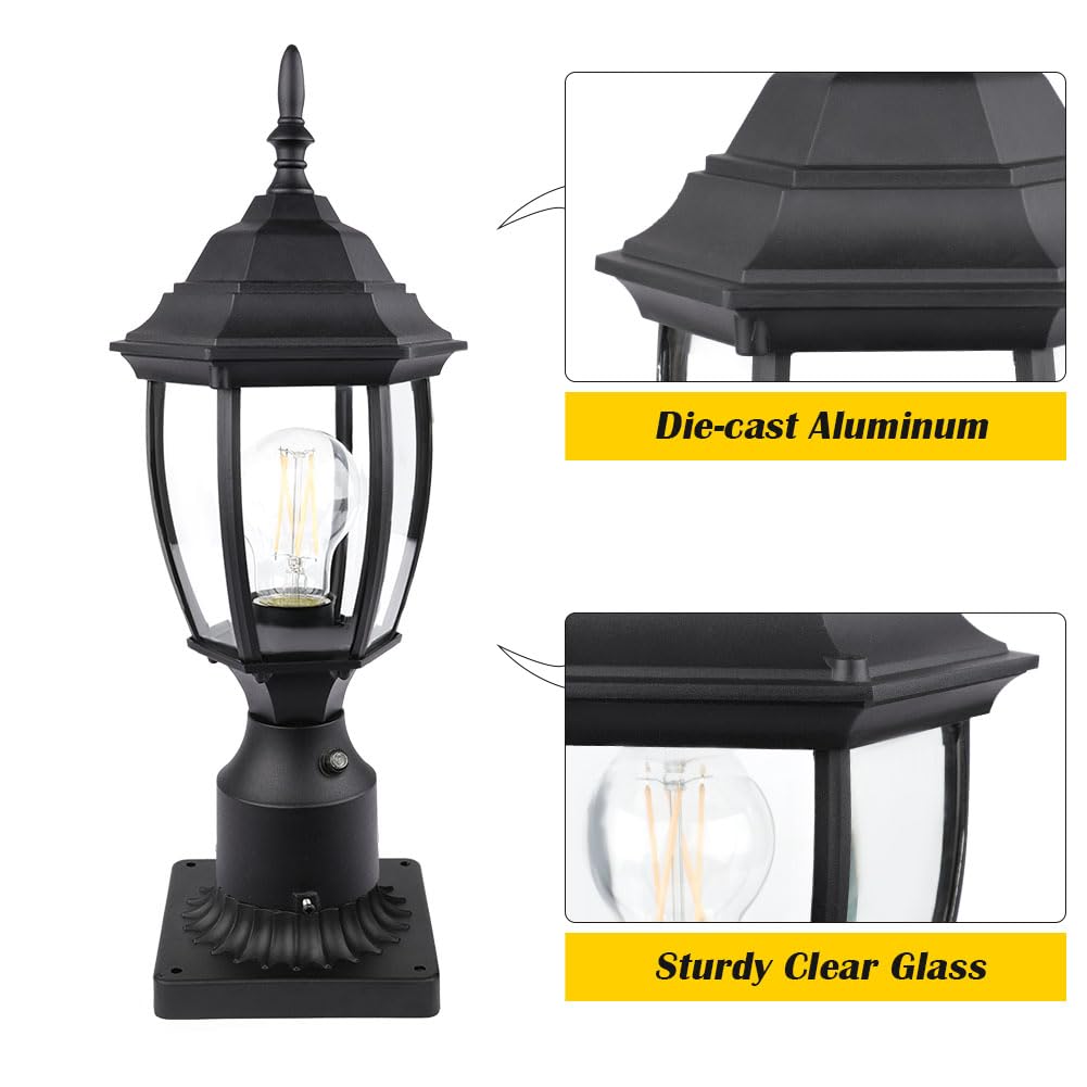 Dusk to Dawn Outdoor Post Light, 6" Waterproof Aluminum Lantern with Clear Glass, Hardwired 120V, Pier Mount for Garden & Patio