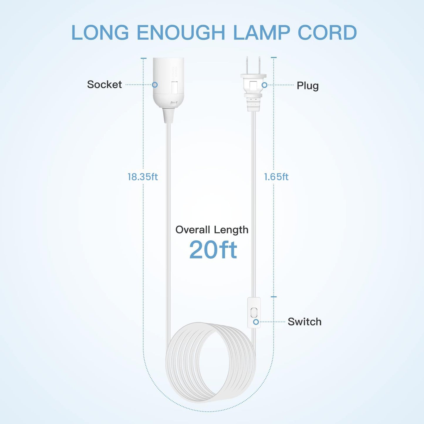 Simple Deluxe 20 Feet Extension Hanging Lantern Pendant Light Cord with E26 Socket, Featuring an On/Off Switch(Bulb Not Included), 2 Pack