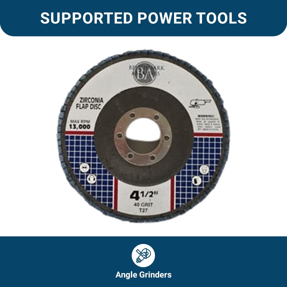 Benchmark Abrasives 4.5" x 7/8" Zirconia T27 Flat Flap Discs, 40 Grit, 10-Pack, Angle Grinder Sanding & Finishing Wheels