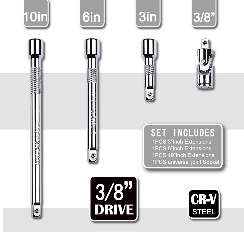 StrugDeas 4-Piece 3/8 Inch Drive Extension Bar Set, Includes 3, 6, and 10 Inch Extensions and 3/8 Inch Drive Universal Joint Socket