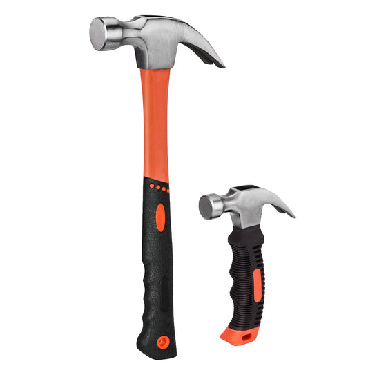 ZUZUAN 2-Piece Claw Hammer Set, 8oz Mini Stubby Hammer & 16oz Fiberglass Hammer, Non-Slip Handle, Heat-Treated Steel Head