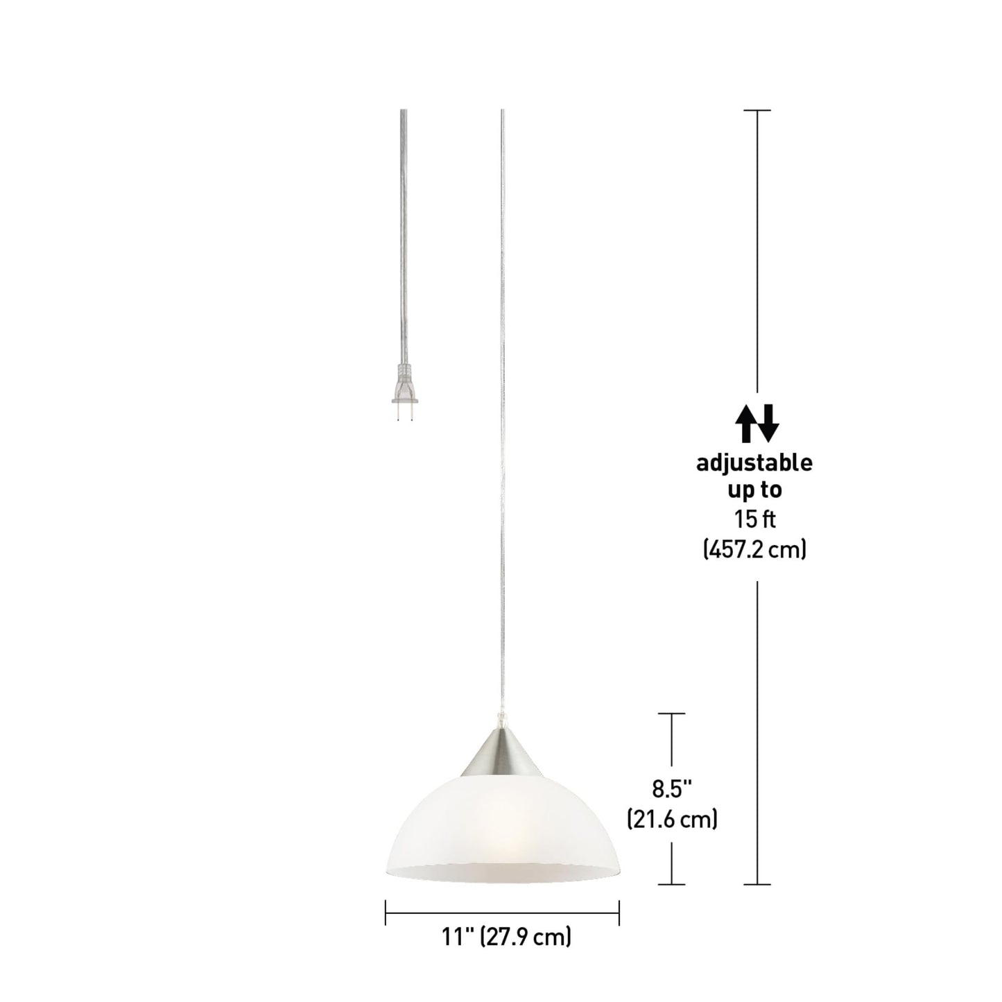 GLOBE Electric 64413 Plug-In Pendant Light, 1-Light Brushed Steel with Frosted White Shade, 15ft Clear Cord, In-Line Switch, E26 Base