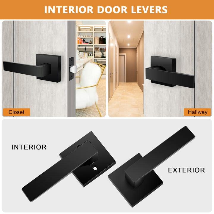 Probrico Matte Black Passage Door Lever Square Hall Closet Handle, Heavy Duty Interior Non-Locking Lever Set, Reversible for Right & Left Side, 1 Pack