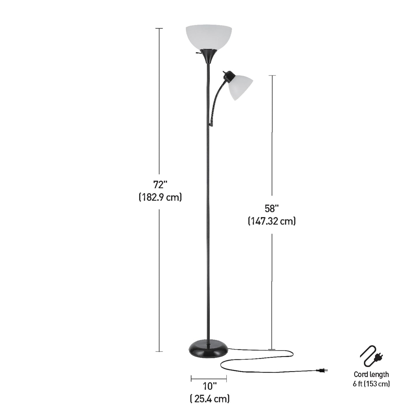 GLOBE Electric 67135 72" Torchiere Floor Lamp with Adjustable Reading Light, Matte Black, Frosted Shade, 3-Step Dimming