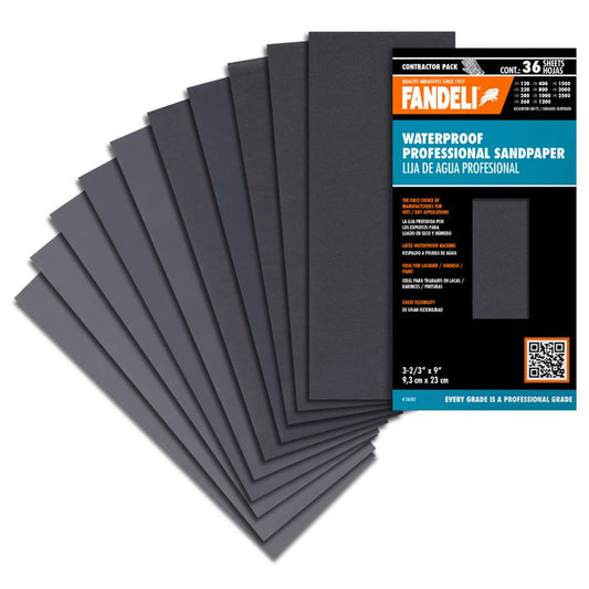 Fandeli Waterproof Sandpaper 36 Sheets 23x9.3cm, Grits 120-2500, Water-Resistant for Car, Wood & Metal Polishing