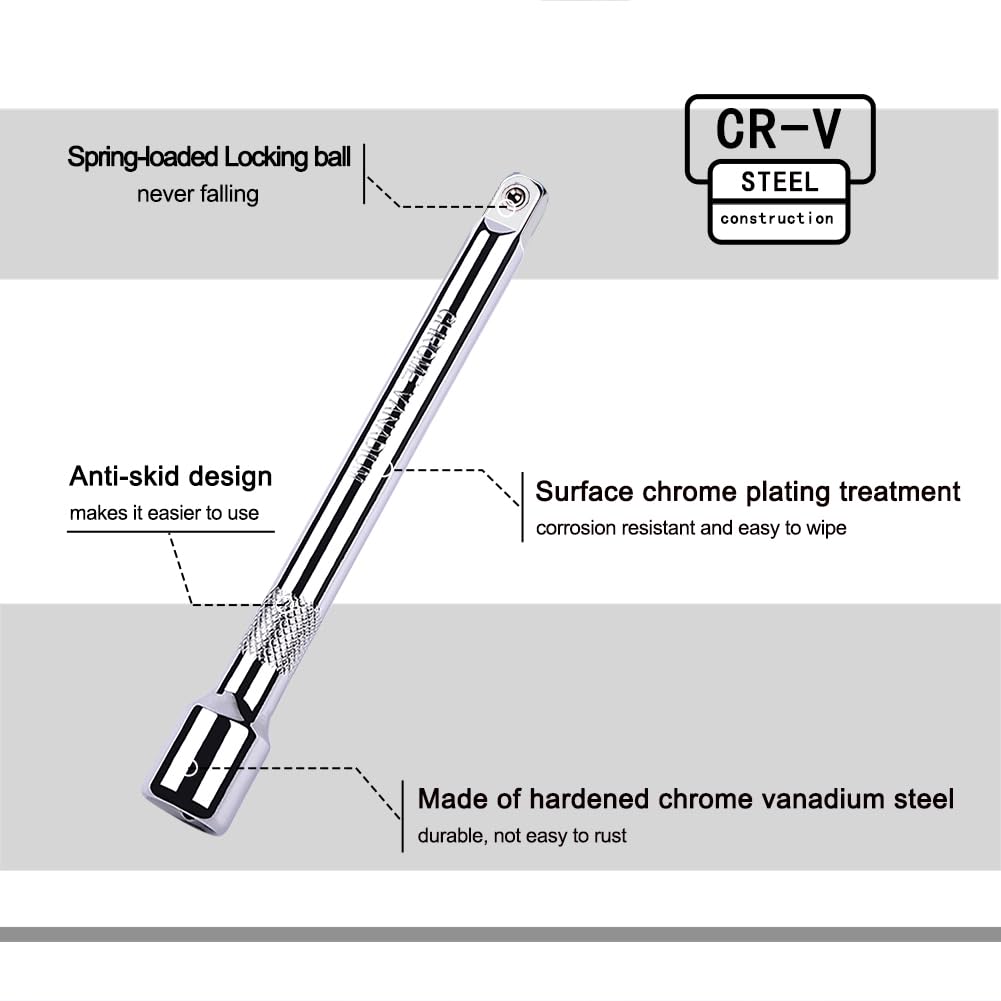 StrugDeas 4-Piece 3/8 Inch Drive Extension Bar Set, Includes 3, 6, and 10 Inch Extensions and 3/8 Inch Drive Universal Joint Socket