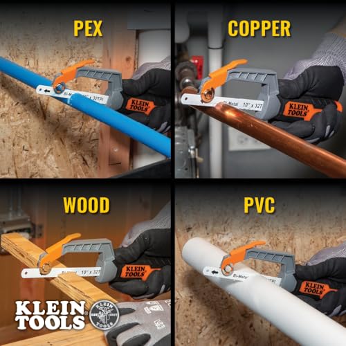 Klein Tools 31432FC Mini Finish-Cut Hacksaw, 10-Inch 32 TPI Bi-Metal Blade Hand Saw, Cuts Plastic, Wood, and Thin-Wall Metal in Tight Spaces