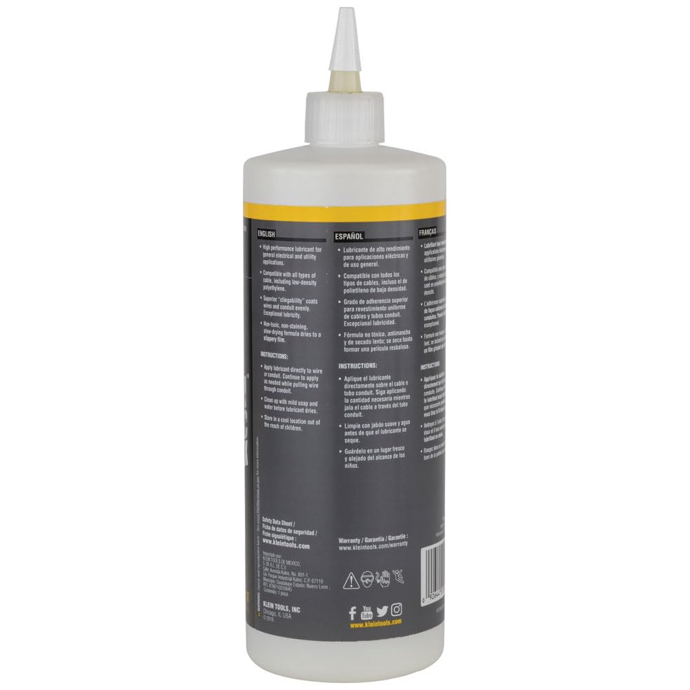 Klein Tools 51010 Wax Lubricant, Made in USA, Premium Synthetic Wax Wire and Cable Pulling Lubricant, 1-Quart Squeeze Bottle