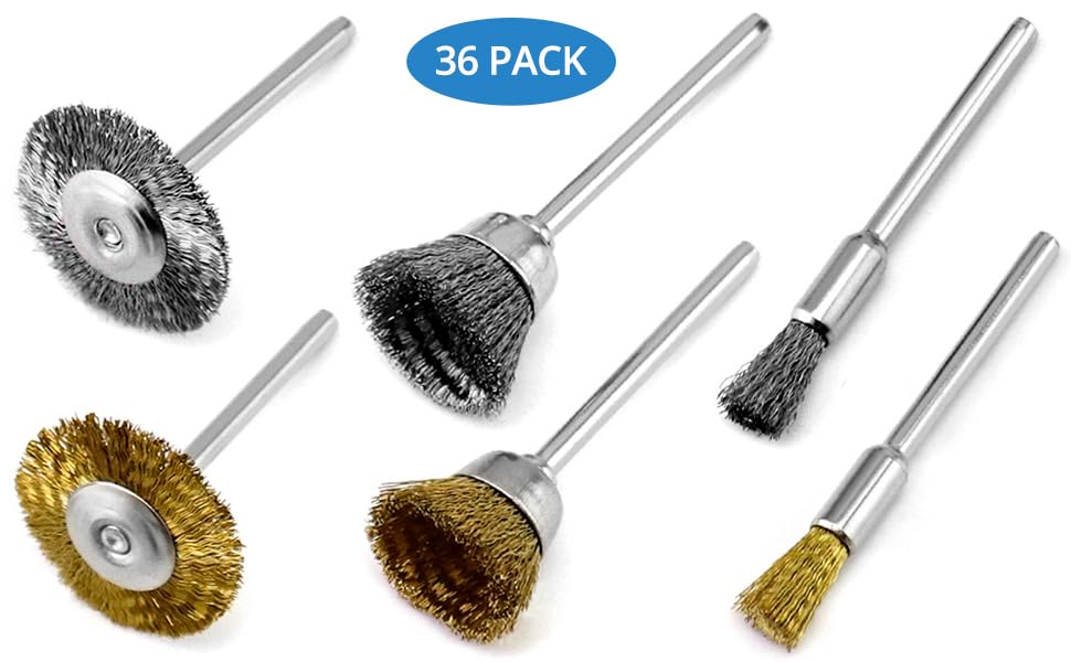 QWORK 36Pcs Brass & Stainless Steel Wire Brush Polishing Wheel Kit for Rotary Tools - for Metal, Wood Grinding, Deburring, and Polishing