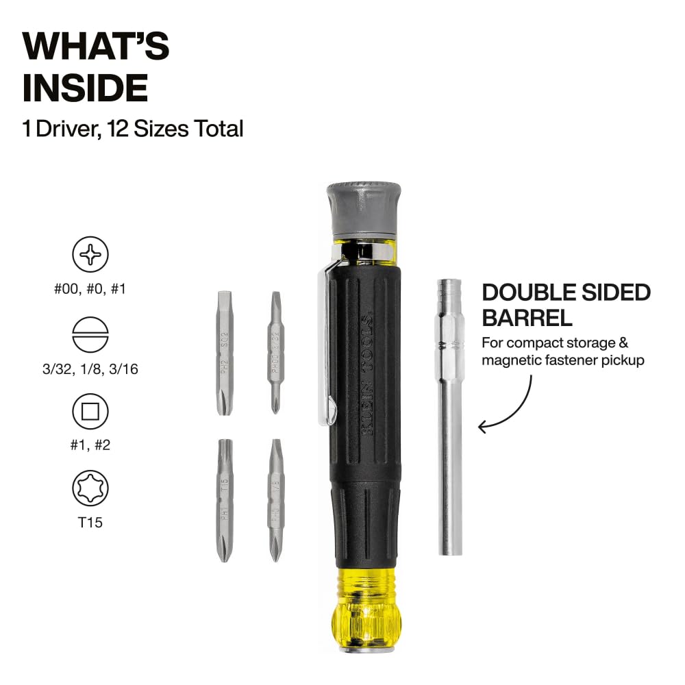 Klein Tools 32600P Mini Precision Screwdriver with Pocket Clip, 13-in-1 Magnetic All-Purpose Driver with Nut Drivers, Phillips, Slotted, and TORX Tips