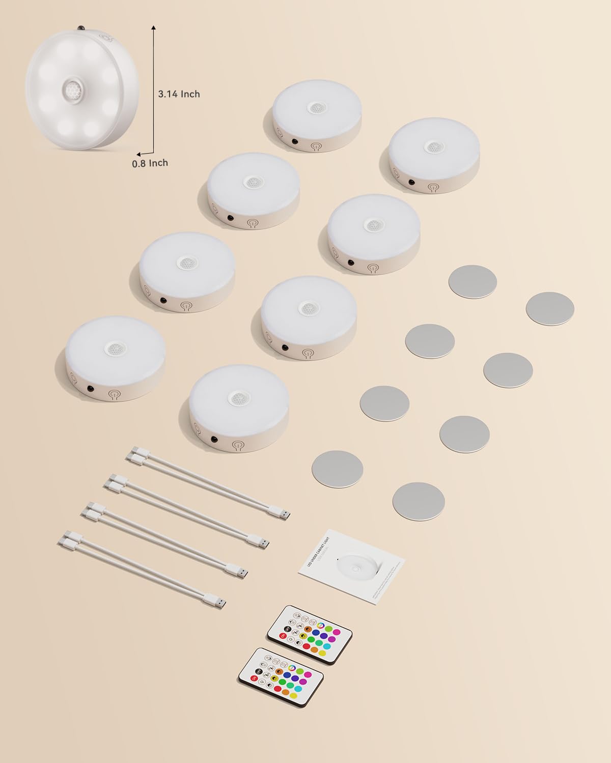 Rechargeable Puck Lights with Remote – 3 Color Temps + 12 RGB LEDs, Motion Sensor, Dimmable Wireless Under Cabinet & Closet Lighting