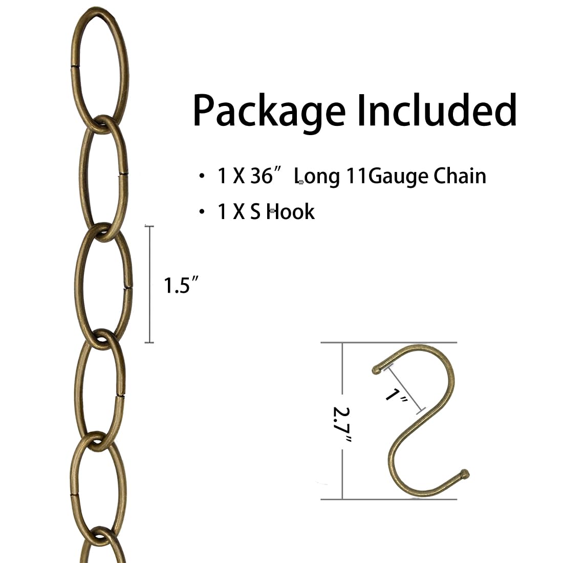 36 Inch Heavy Duty Antique Brass Steel Chain, Adjustable 11-Gauge Hanging Chain for Lights, Planters & Decor, Supports 35 lbs (1 Pack, Antique Brass)