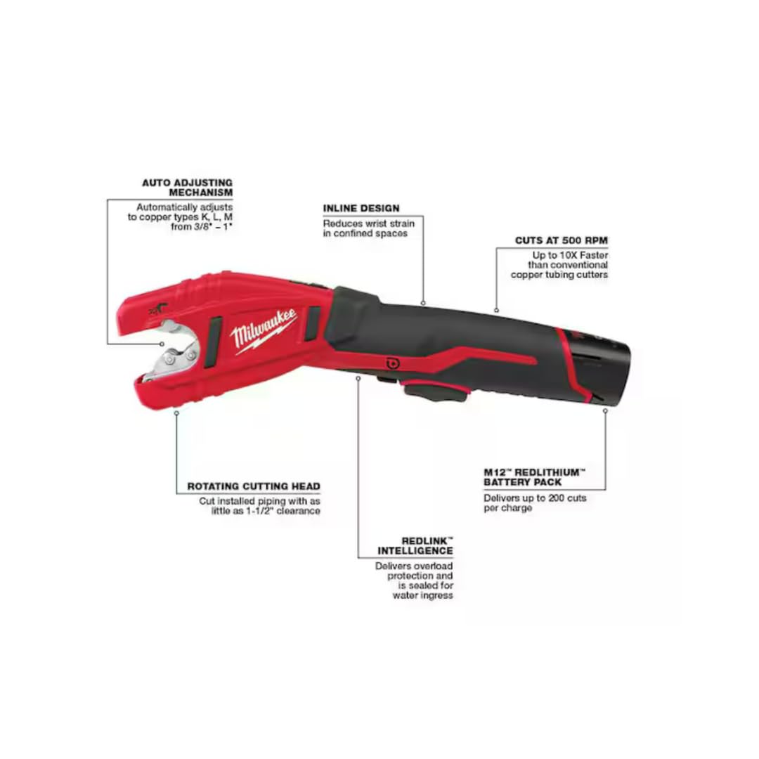 Milwaukee 2471-20 M12 Cordless Copper Pipe & Tubing Cutter, 500 RPM, Adjustable 3/8"–1", Lithium-Ion, Tool Only