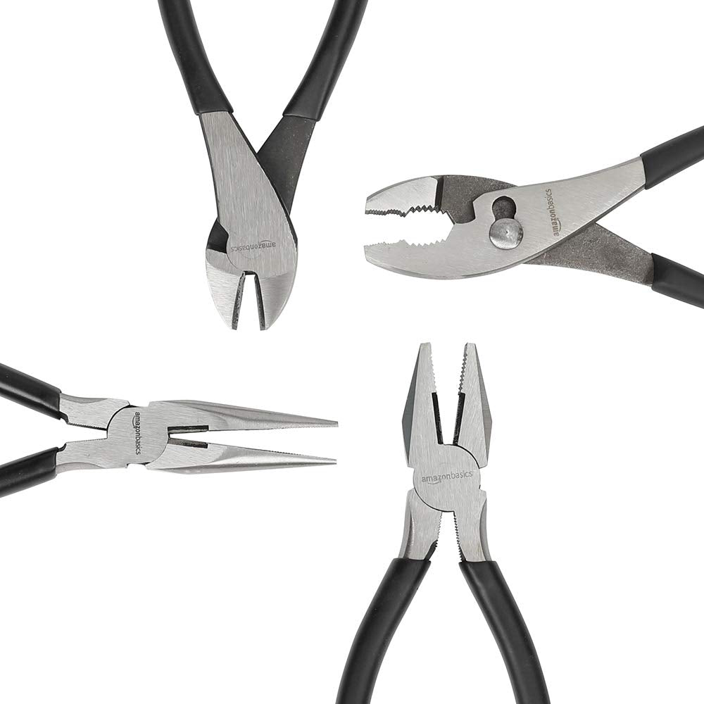 Amazon Basics Pliers Set, Hand Tools for Precision, Set of 4, Black and Silver