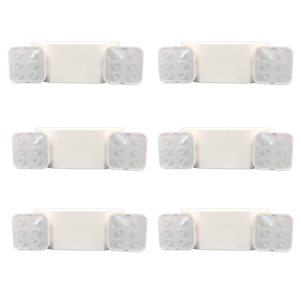 Amazon Basics LED Emergency Light, UL Certified, 6-Pack, Adjustable Two Heads, Wall Mount White with Battery Backup, Nickel,White