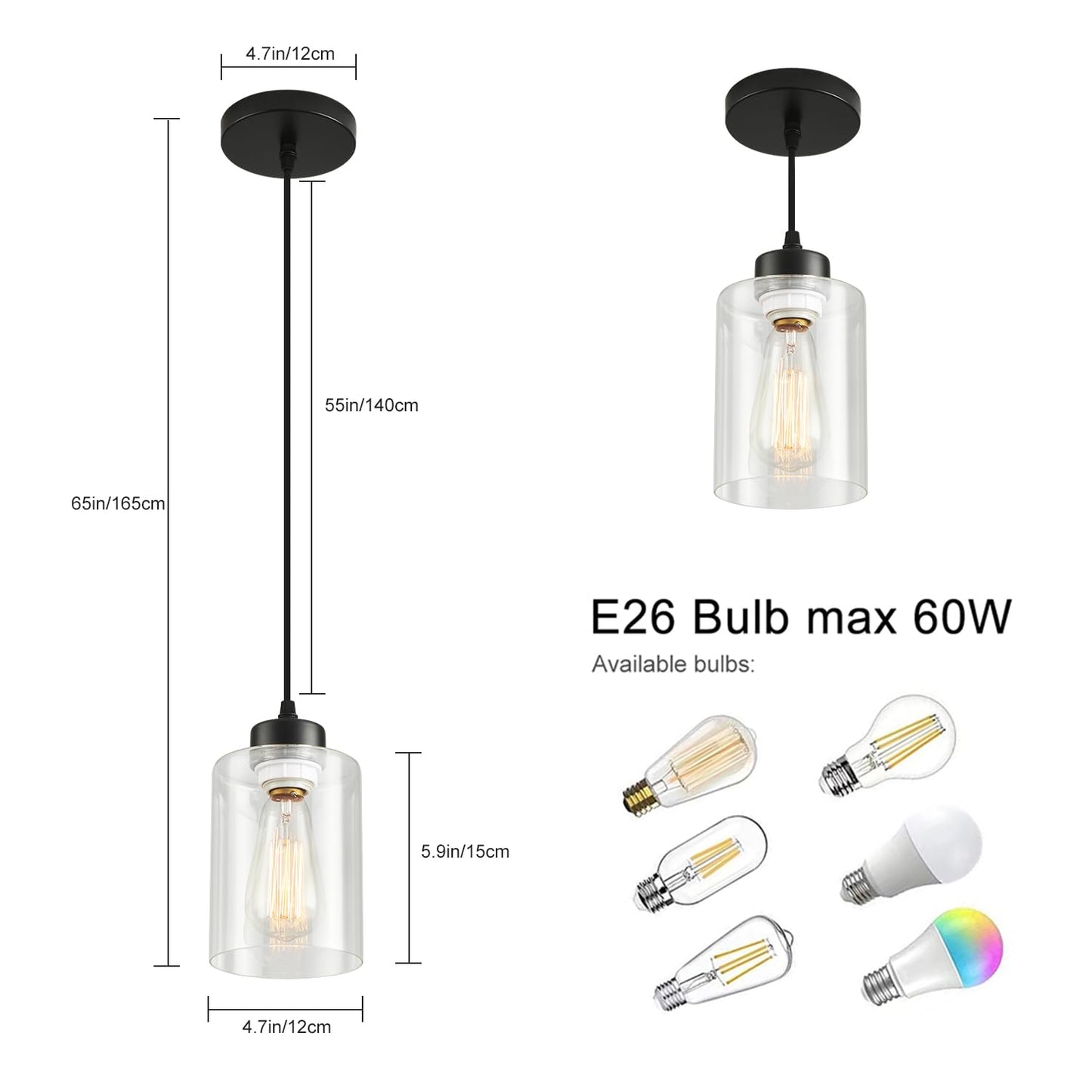 CAFULAM Modern Black Farmhouse Pendant Light with Glass Shade, Industrial Adjustable Hanging Ceiling Light Fixture