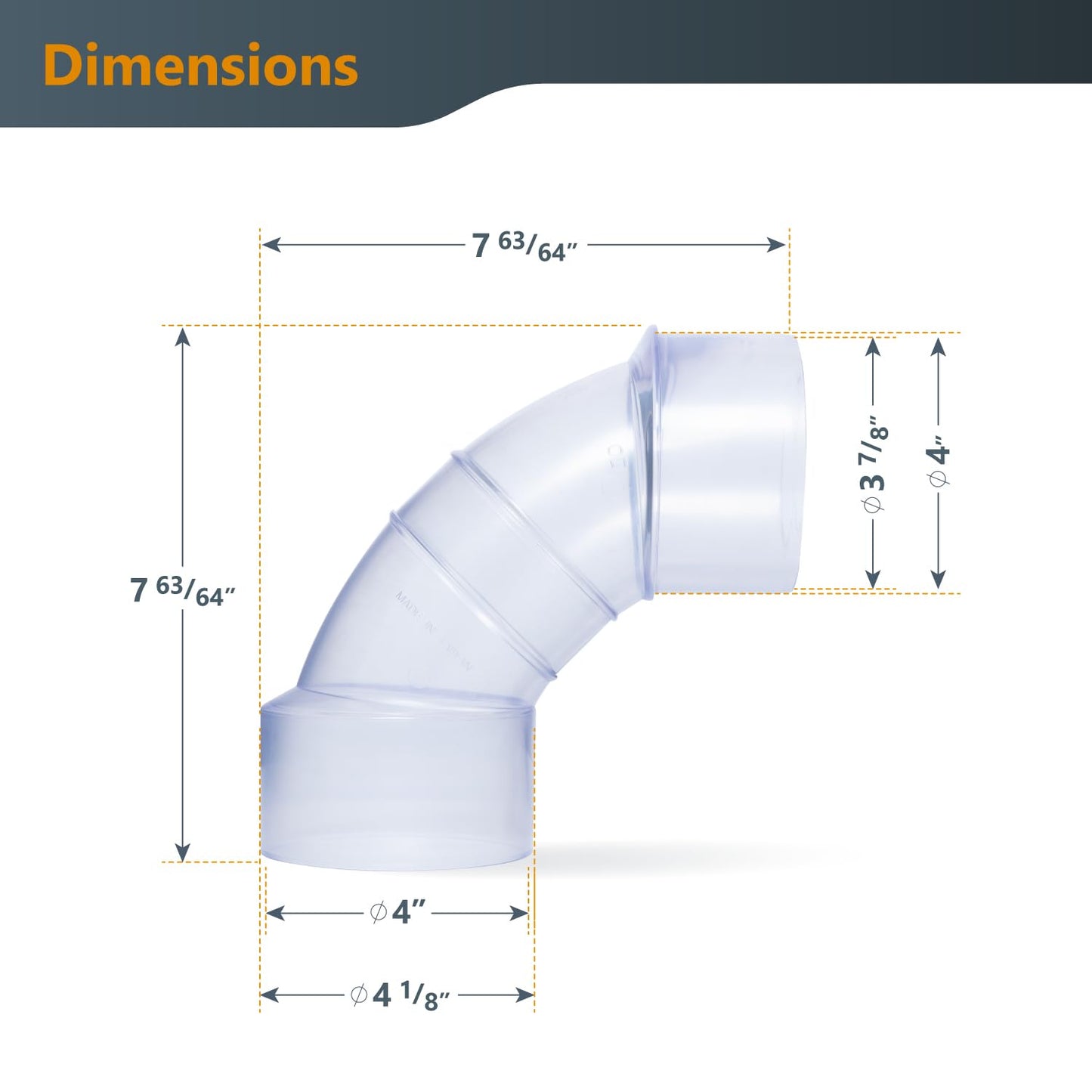 POWERTEC 4 Inch ID/OD 90 Degree Elbow for 4 Inch Dust Collection Pipes, Hoses, and Fittings, Clear, 1 Pack