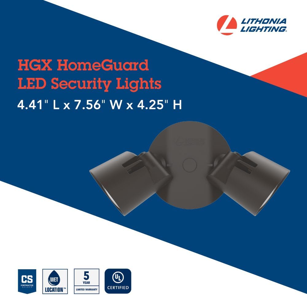 Lithonia Lighting HomeGuard 2-Light LED Outdoor Flood Light, Wall/Ceiling Mount, 4000K Cool White, Round Heads, Dark Bronze