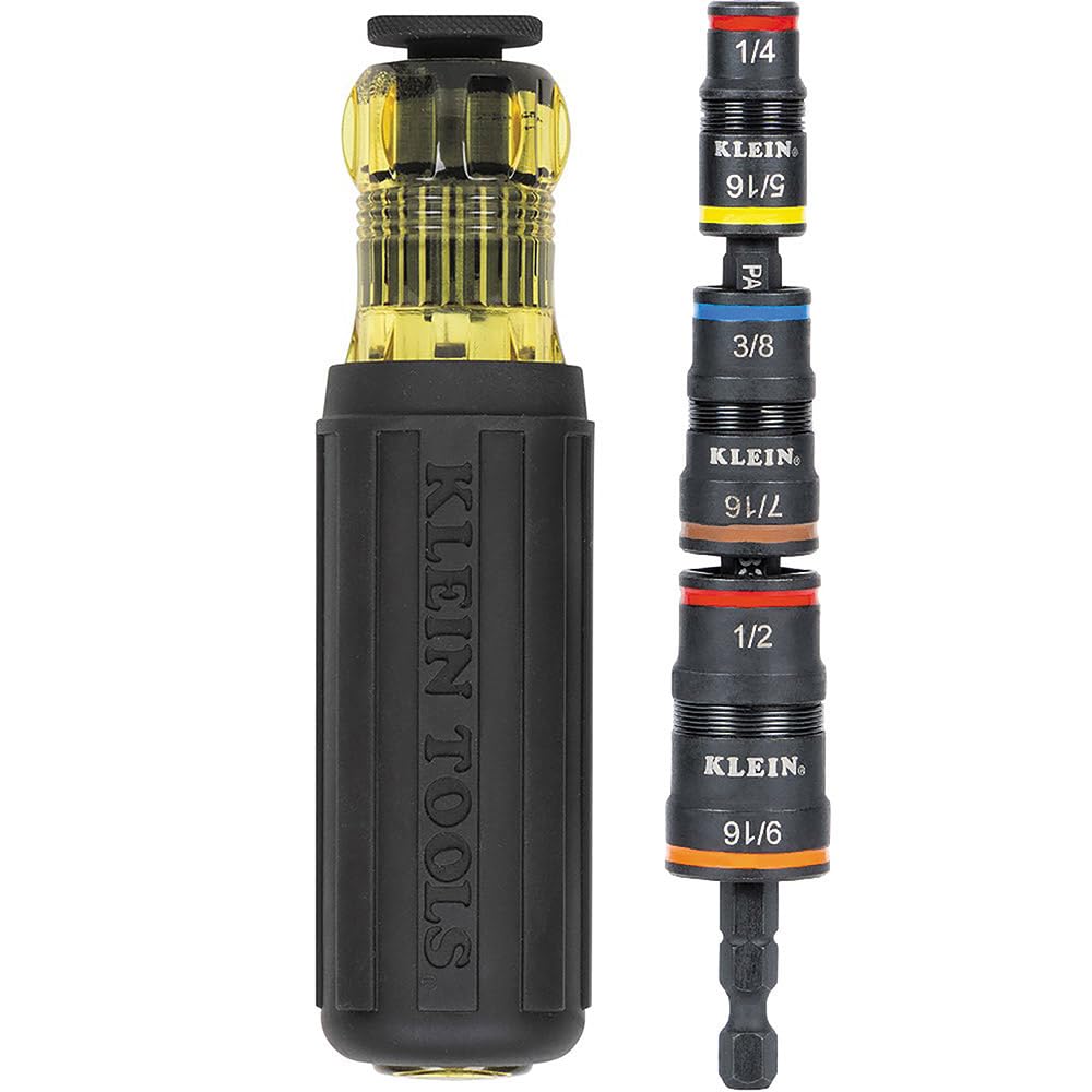 Klein Tools 32910 7-in-1 Impact Driver & SAE Socket Set with Handle, Flip Sockets 1/4–9/16" Nut Drivers + 1/4" Bit Holder