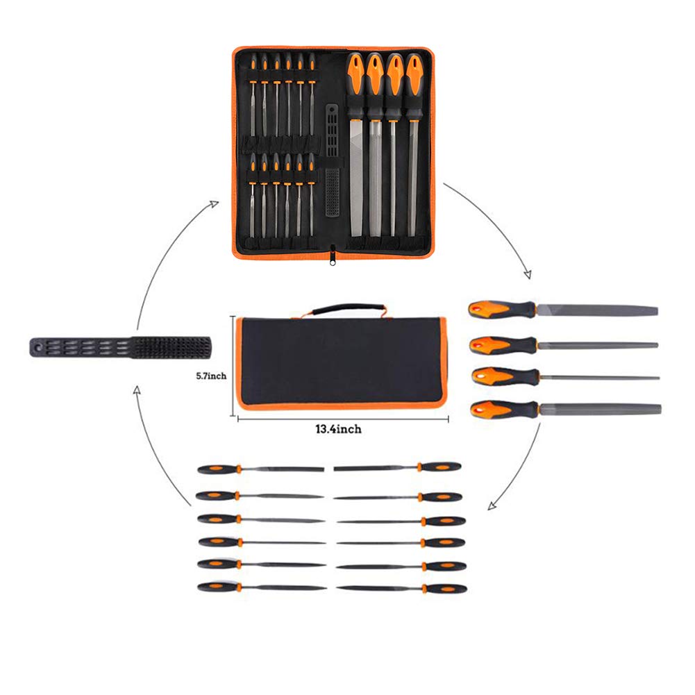 17-Piece File Tool Set with Case – T12 Alloy Steel, Precision Flat/Triangle/Half-Round/Round Files + 12 Needle Files & Brush