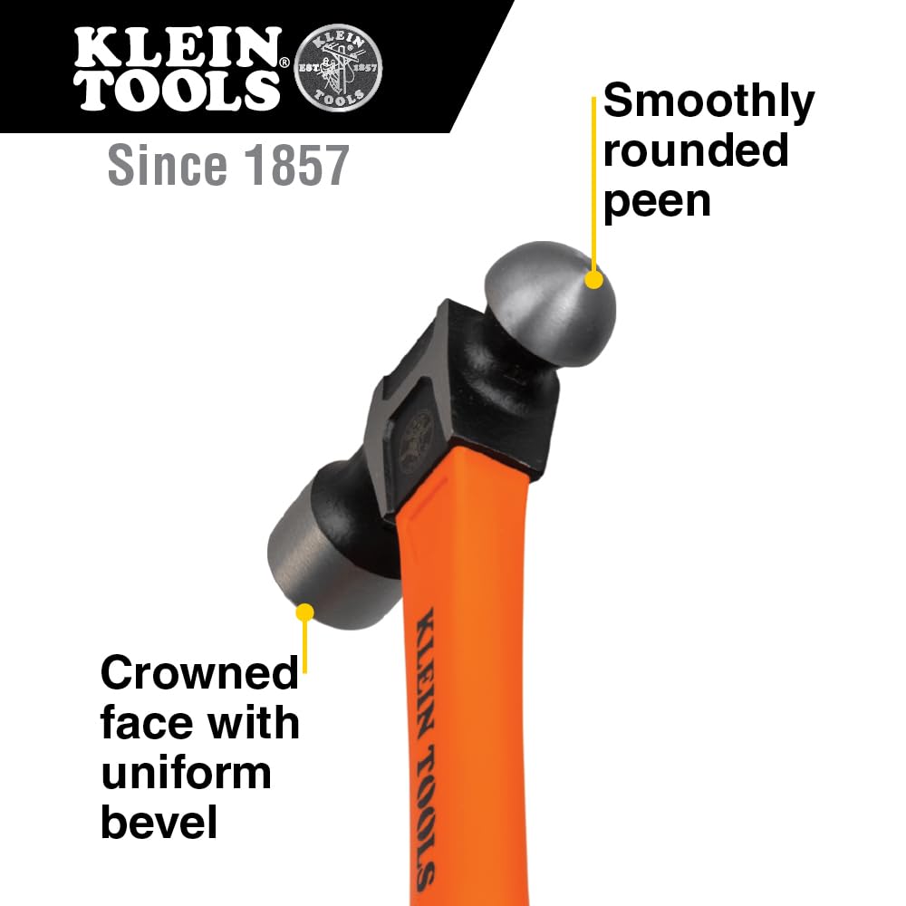 Klein Tools H80332 Ball-Peen Hammer, 32-Ounce Head, Fiberglass Non-Slip Shock Absorbing Grip Handle with Tether Hole, 15-Inch
