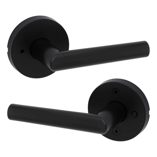Kwikset Milan Interior Privacy Door Handle with Lock, Door Lever For Bathroom and Bedroom, Matte Black Reversible Keyless Push Button Lock Door Lever