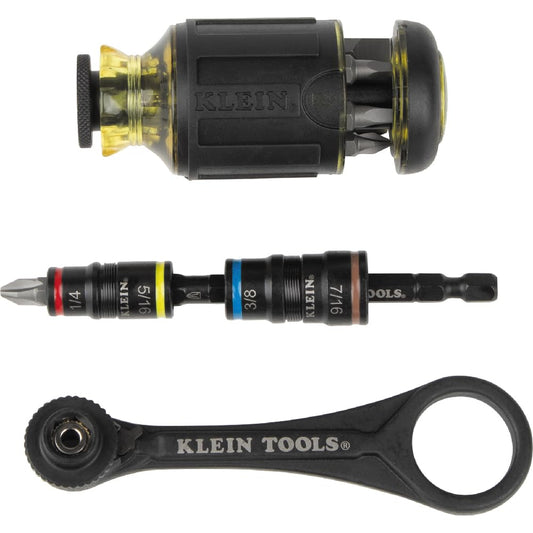Klein Tools 85515HD 3-Piece Tool Set, Mini-Ratchet, 12-in-1 Impact Stubby Multi-Bit Driver and 5-in-1 SAE Impact Socket Set, Tools for Tight Spaces