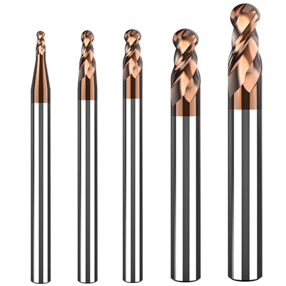 ASNOMY 5PCS Ball Nose Carbide End Mill Set, 1–4mm CNC Router Bits, 2 Flute Spiral Milling Tools, HRC55, 5 Radius Sizes