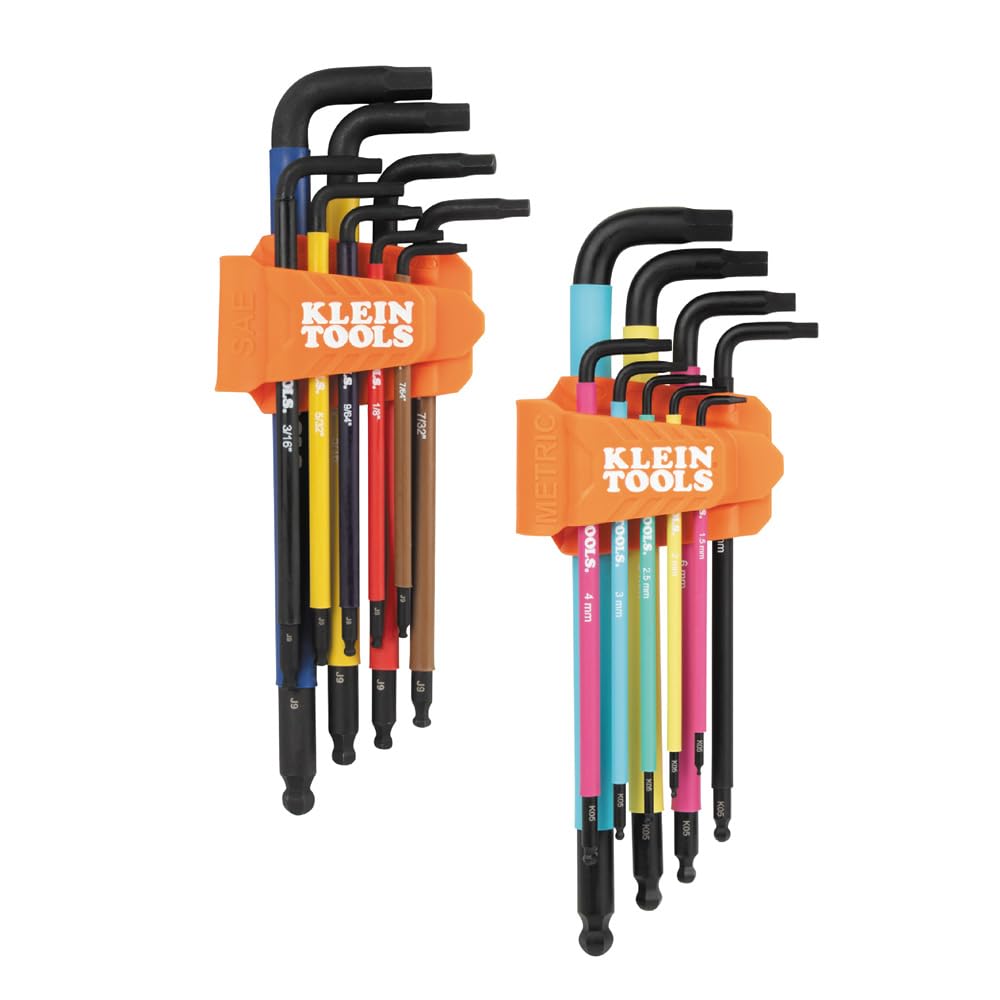 Klein Tools BLS18 Hex Key Wrench Set, SAE & Metric, Color-Coded L-Style Ball End Long Arm, Heat-Treated, 18-Piece