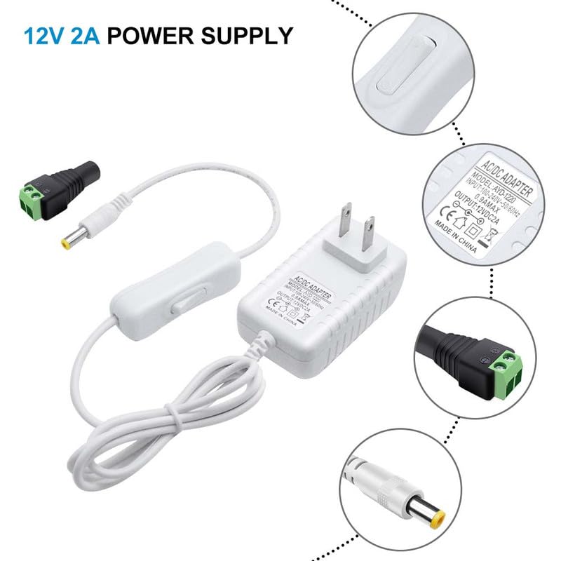 12V 2A 24W DC Power Supply with On/Off Switch, AC 110V to 12V Adapter for LED Strips, 5.5x2.1mm Female Connector, White