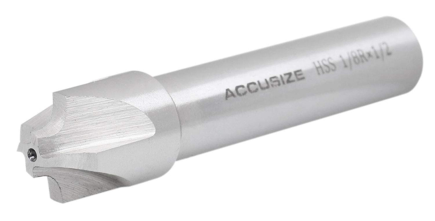 Accusize Industrial Tools 1/8'', H.S.S. Corner Rounding End Mills, 1/2'' Shank Dia, 5/8'' Cutter Dia, 3'' Overall Length, 1011-0018