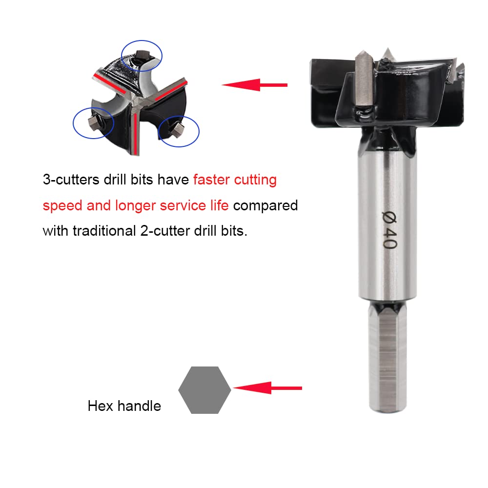 Forstner Drill Bit 40mm Tungsten Carbide, 3-Cutter Upgraded Wood Hole Saw, High-Hardness Woodworking Drill & Cutter Tool