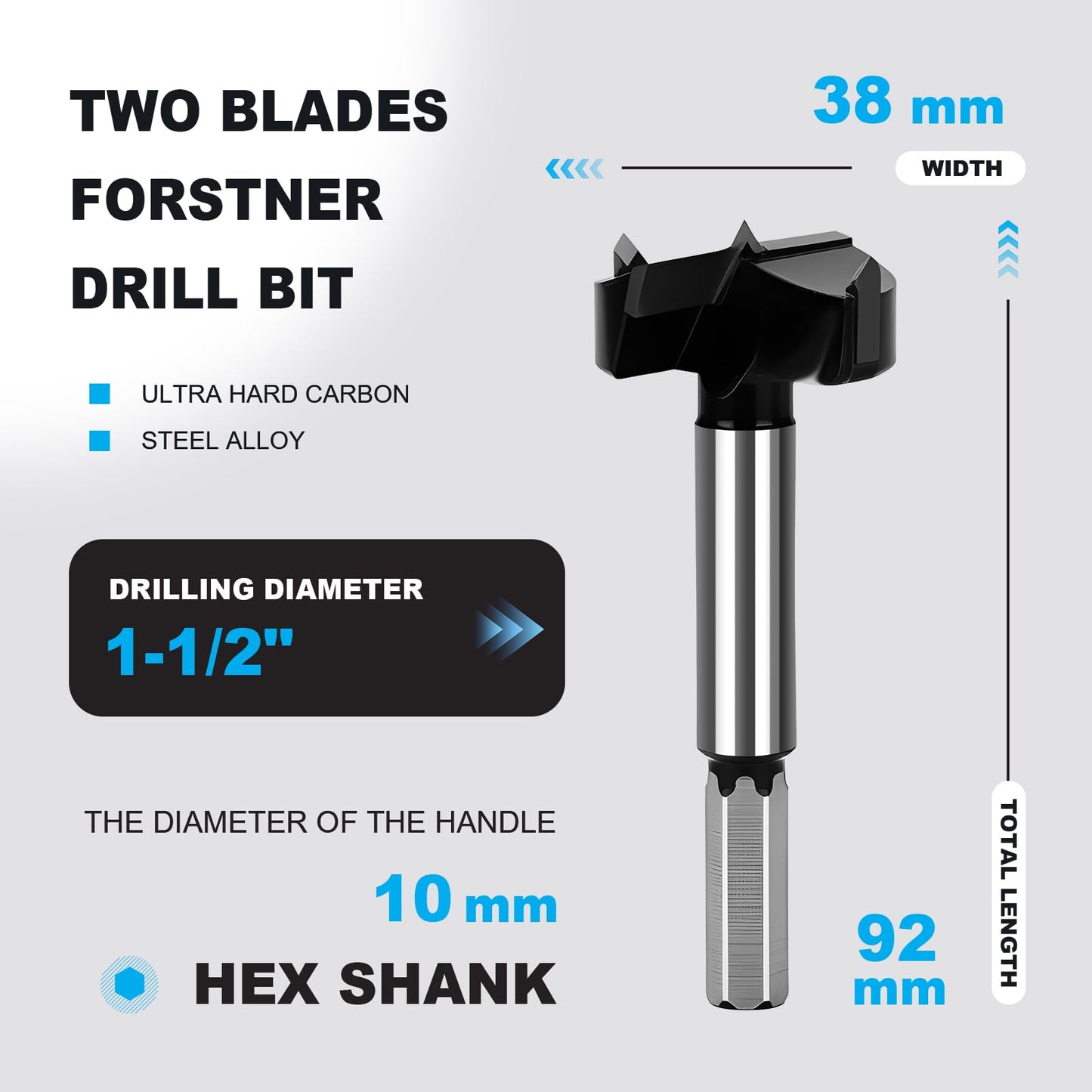 1-1/2 Inch Forstner Drill Bit Carbide Tipped,Woodworking Hinge Cutter for Precise Flat Bottom Holes in Hard Wood,Plywood,Plastic - Professional Grade