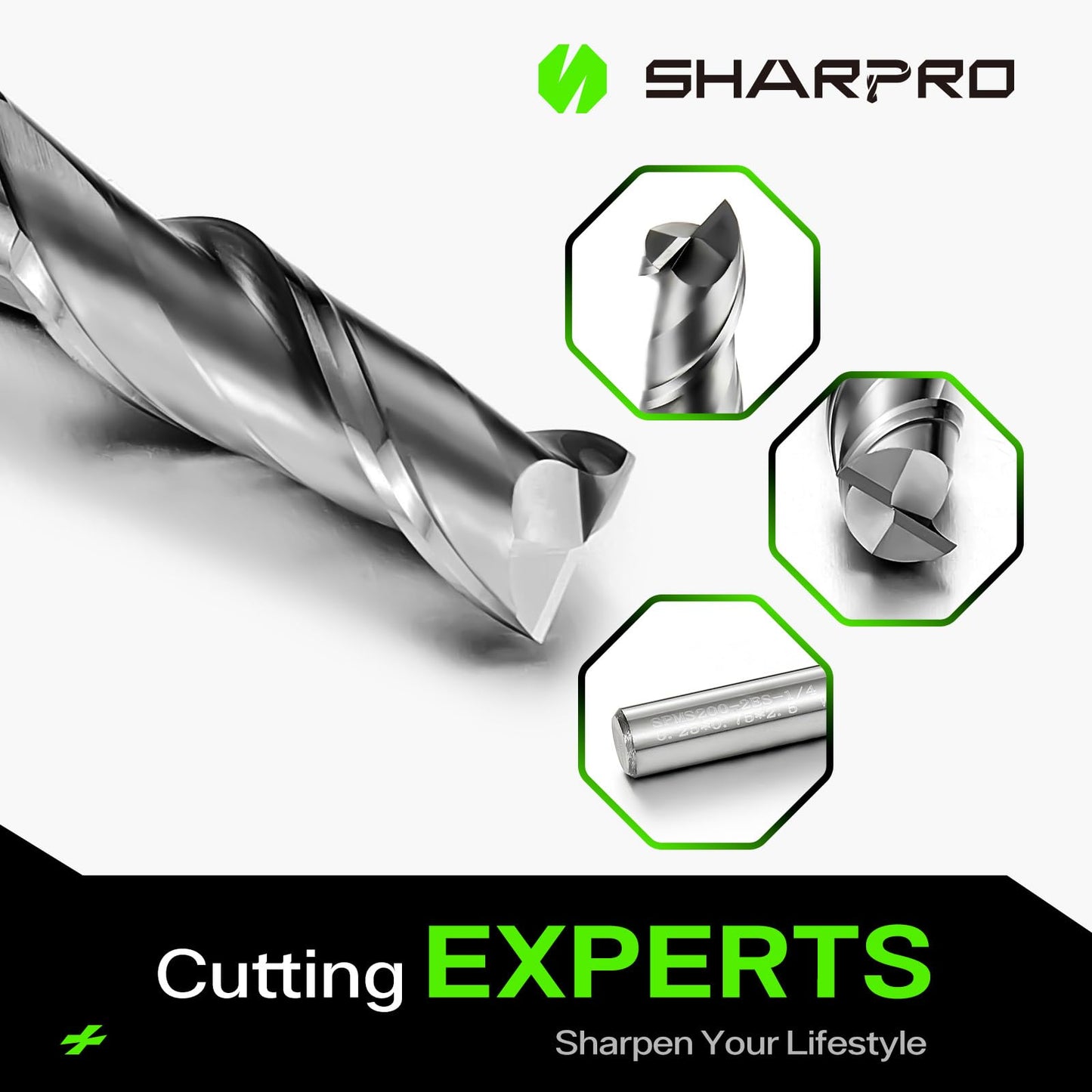 SHARPRO 1/4" Carbide 2-Flute Square End Mill, AlCrN Coated Upcut Spiral CNC Router Bit for Metal, Alloy & Stainless Steel