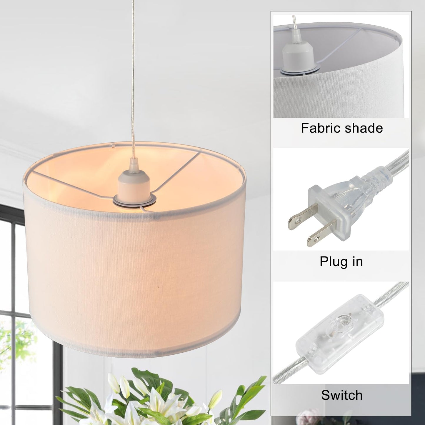 **IHENGYANLT 2-Pack Plug-In Pendant Light with 15ft Clear Cord, On/Off Switch, White Fabric Shade for Bedroom & Kitchen**