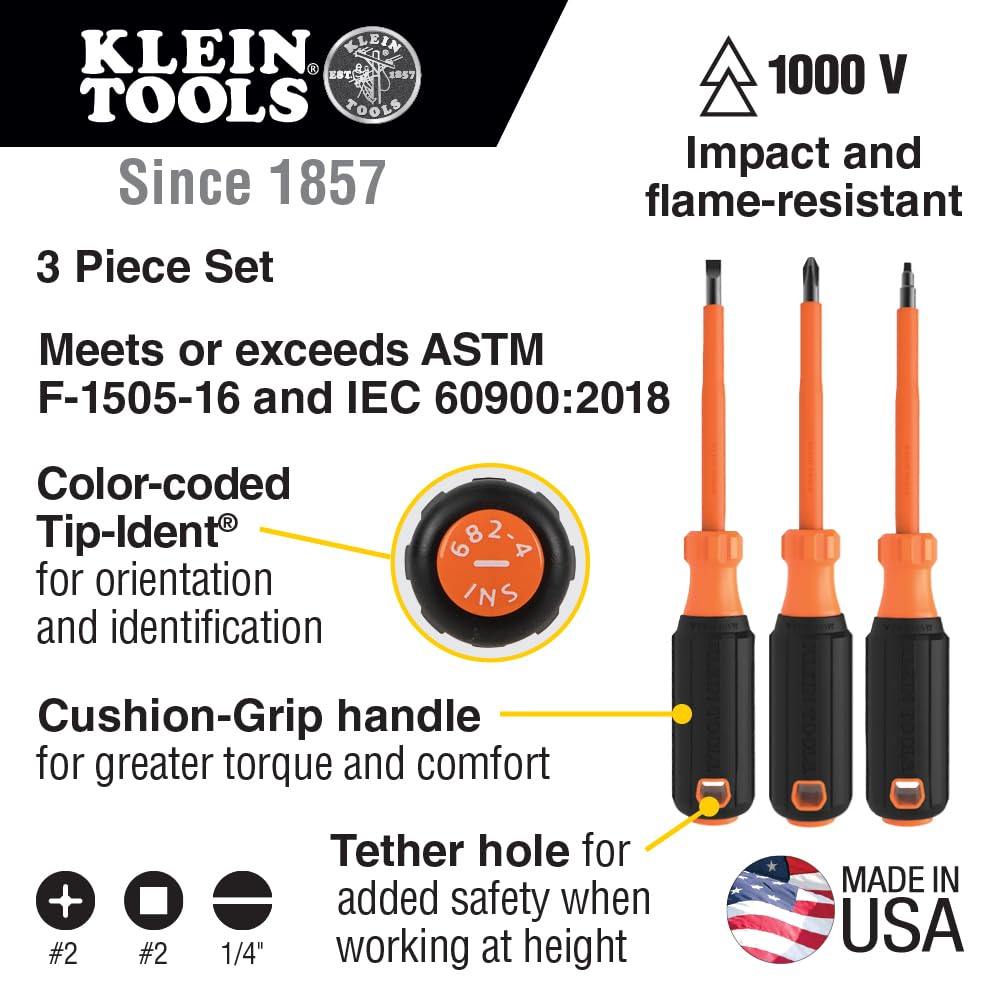 Klein Tools 85073INS Insulated Screwdriver Set, Made in USA, features 1000V Phillips, Slotted and Square Tips, Cushion Grip Handles, 3-Piece