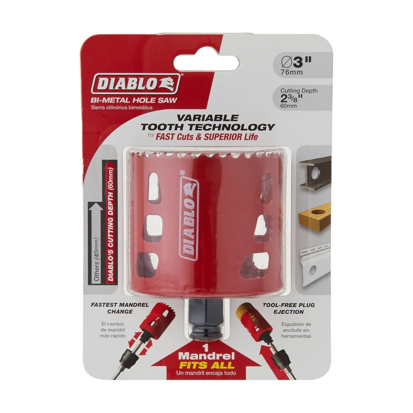 Diablo Bi-Metal Hole Saw with Variable Tooth Design for Faster Cuts - Fits with Snap-Lock Plus Mandrel System - 3" Diameter, 2-3/8" Length - DHS3000