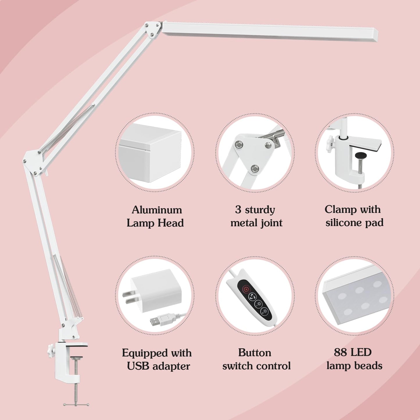 BZBRLZ LED Desk Lamp, 16” Wide Head Manicure Table Light, Dimmable Eye-Care Drafting Lamp, 3 Color Modes, 10 Brightness Levels, Memory Function, Adapter (White)