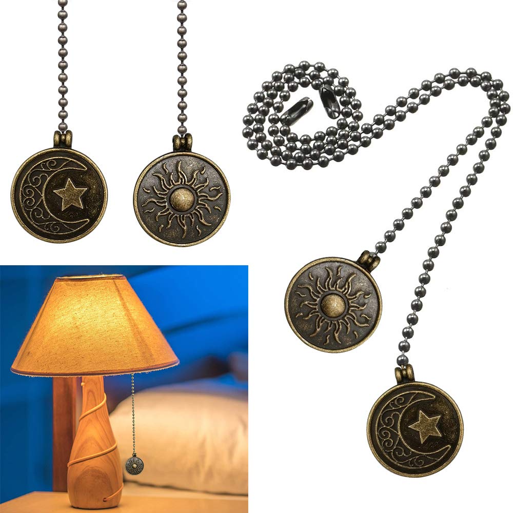 Dotlite Copper Ceiling Fan Pull Chain Set, 12" Decorative Moon & Sun Beaded Pendant Extender, 2-Pack with Connector