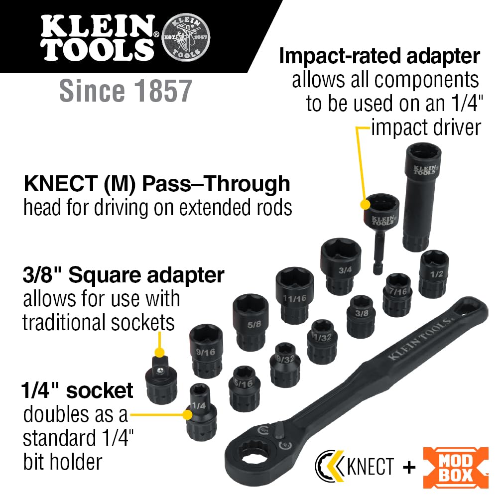 Klein Tools KNECT 15-Piece Pass-Through Socket Set, SAE Impact Sockets with MODbox Case, Bits & 3/8-In Drive Adapter