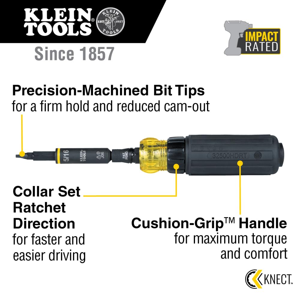 Klein Tools 32500HDRT KNECT 11-in-1 Ratcheting Screwdriver & Nut Driver, Multi-Bit with Phillips, Slotted, Square & Torx Tips