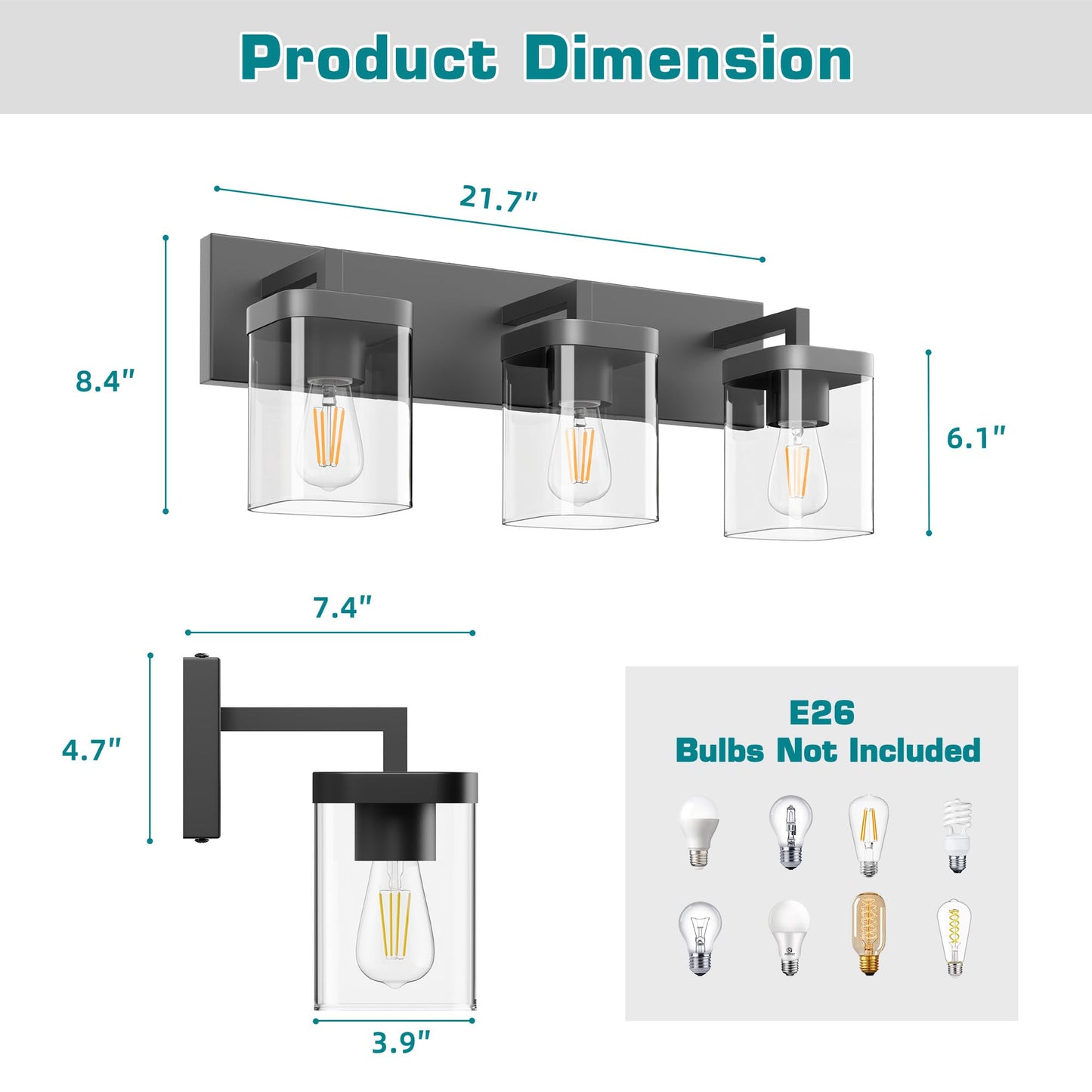 Danshinro Modern 3-Light Bathroom Vanity Light, Square & Rectangle Design, Large Backplate, Black – For Bathroom, Bedroom, Living Room