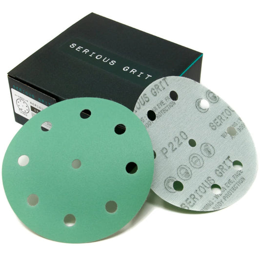 Serious Grit - 5-Inch 9-Hole 220 Grit Sanding Discs - Heavy-Duty Hook & Loop Film Discs - Sandpaper for Random Orbital Sanders - 50 Pack Box