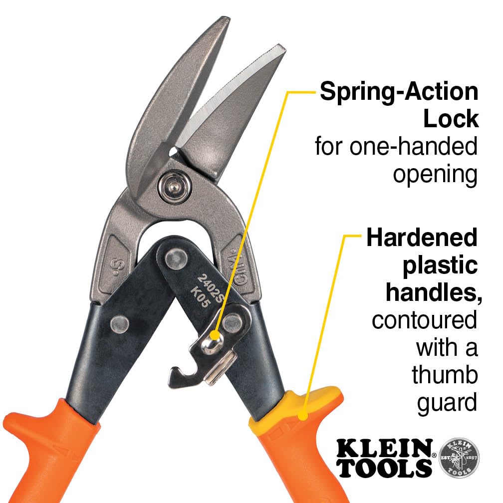 Klein Tools 2402S Straight-Cutting Offset Snips, Aviation Tin Snips with Forged Blade for Precision Sheet Metal Cutting